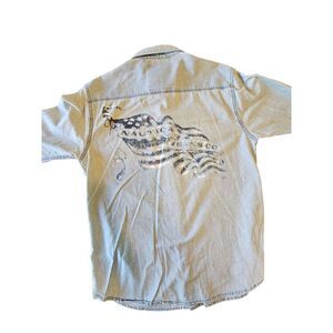 Nautica Pearl Snap Denim Shirt Western USA US Flag On Back US‎ NJC Mens Medium